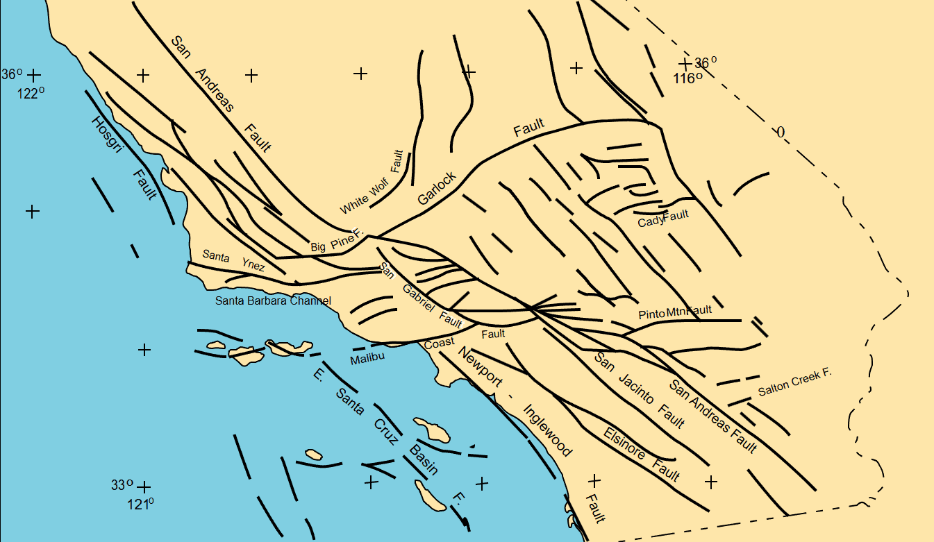 Map of California earthquake fault lines including San Andreas and Rose Canyon faults